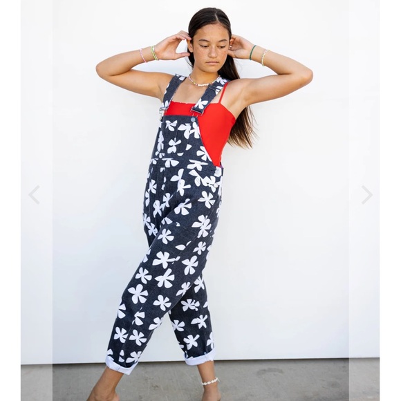 Of One Sea Denim Overalls in Black Plumeria - Picture 4 of 12